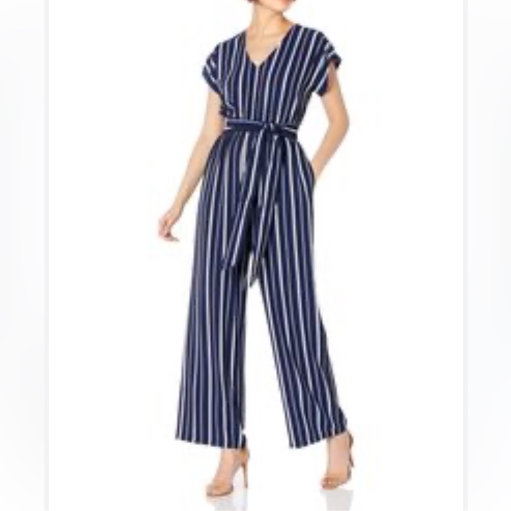 Monteau Jumpsuit Plunge Short Sleeve Blue Medium